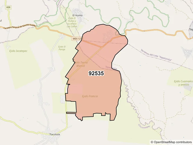 Mapa del código postal 92535, Tepetzintla, Veracruz de Ignacio de la Llave