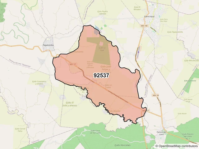 Mapa del código postal 92537, Tepetzintla, Veracruz de Ignacio de la Llave