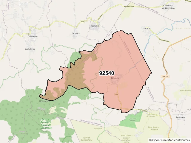 Mapa del código postal 92540, Tancoco, Veracruz de Ignacio de la Llave