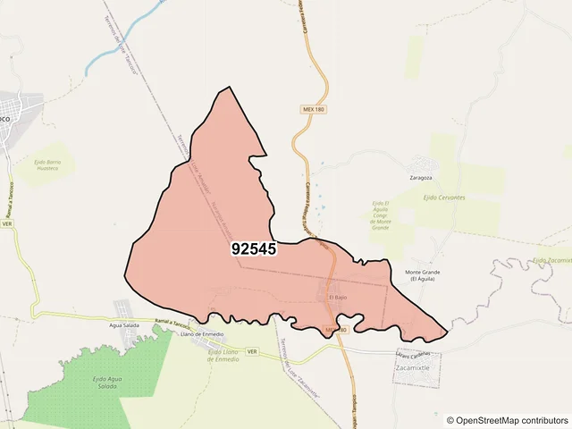 Mapa del código postal 92545, Tancoco, Veracruz de Ignacio de la Llave