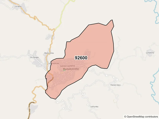 Mapa del código postal 92600, Huayacocotla, Veracruz de Ignacio de la Llave