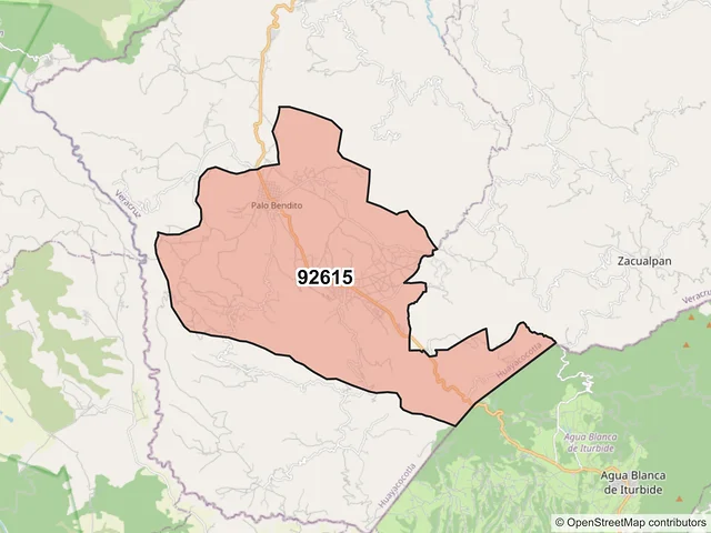 Mapa del código postal 92615, Huayacocotla, Veracruz de Ignacio de la Llave