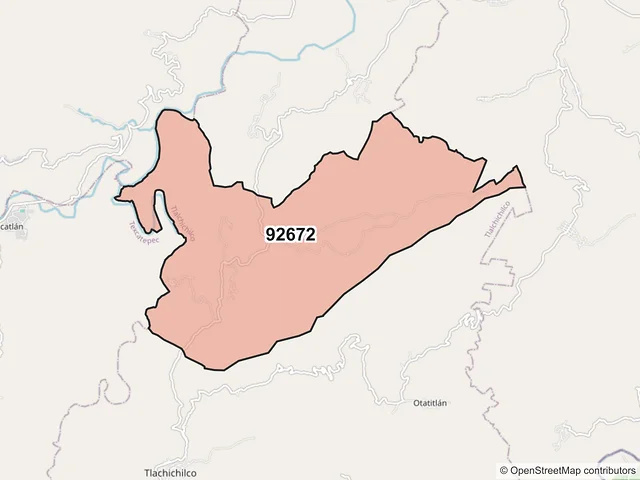 Mapa del código postal 92672, Tlachichilco, Veracruz de Ignacio de la Llave