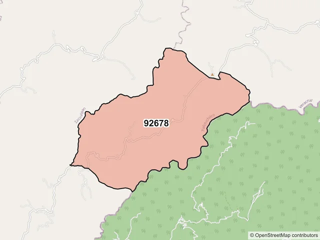Mapa del código postal 92678, Tlachichilco, Veracruz de Ignacio de la Llave
