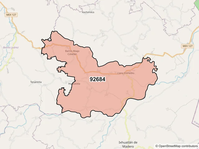 Mapa del código postal 92684, Ixhuatlán de Madero, Veracruz de Ignacio de la Llave