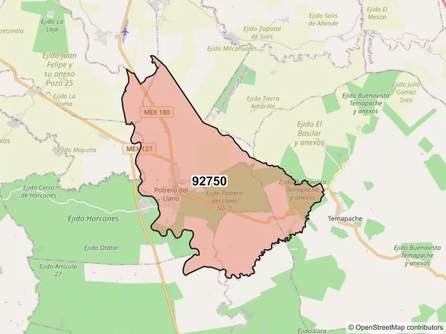 Mapa del código postal 92750, Álamo Temapache, Veracruz de Ignacio de la Llave