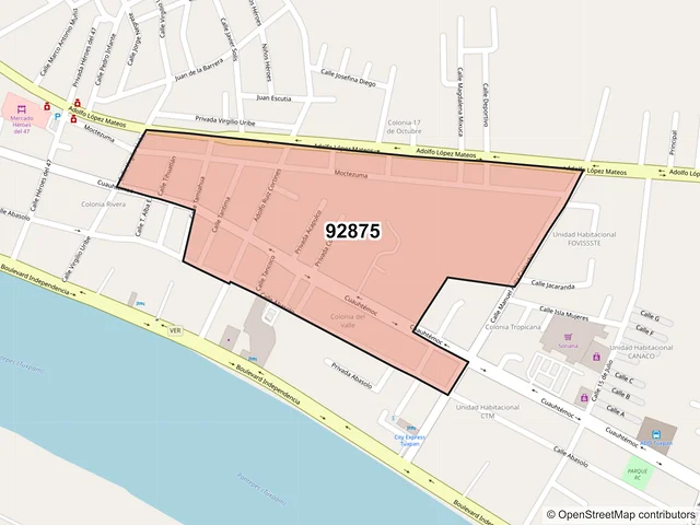 Mapa del código postal 92875, Tuxpan, Veracruz de Ignacio de la Llave