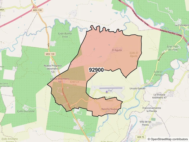 Mapa del código postal 92900, Tihuatlán, Veracruz de Ignacio de la Llave