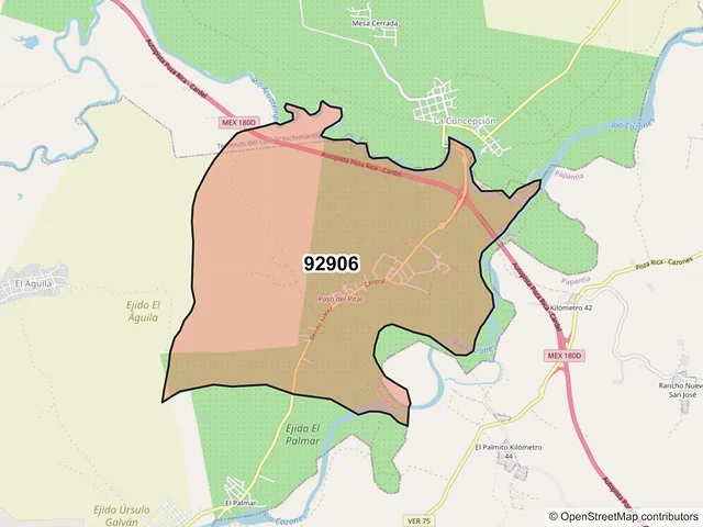 Mapa del código postal 92906, Tihuatlán, Veracruz de Ignacio de la Llave