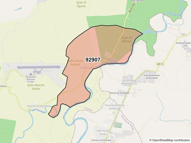 Mapa del código postal 92907, Tihuatlán, Veracruz de Ignacio de la Llave