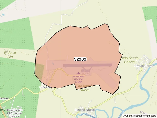 Mapa del código postal 92909, Tihuatlán, Veracruz de Ignacio de la Llave