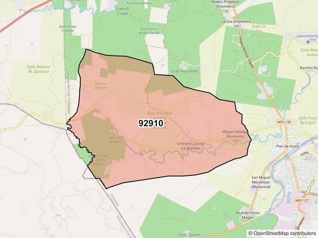 Mapa del código postal 92910, Tihuatlán, Veracruz de Ignacio de la Llave