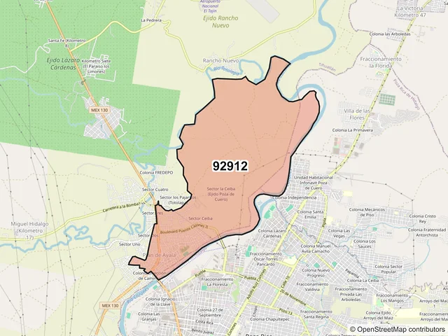 Mapa del código postal 92912, Tihuatlán, Veracruz de Ignacio de la Llave