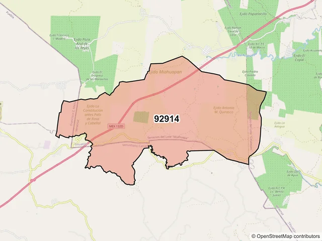 Mapa del código postal 92914, Tihuatlán, Veracruz de Ignacio de la Llave