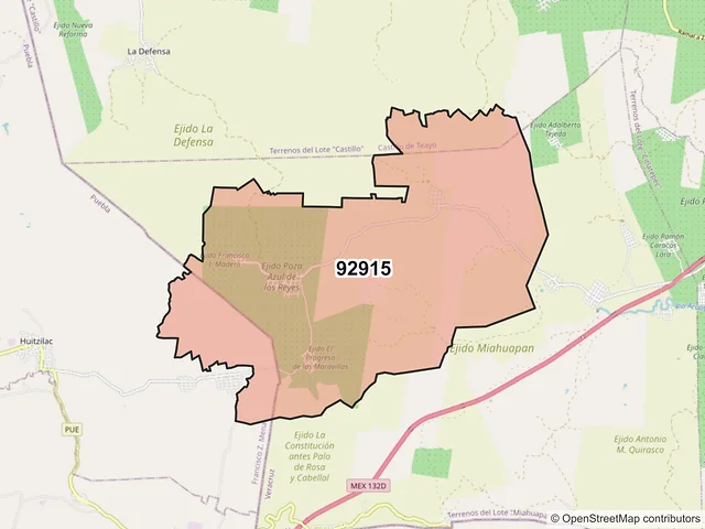 Mapa del código postal 92915, Tihuatlán, Veracruz de Ignacio de la Llave
