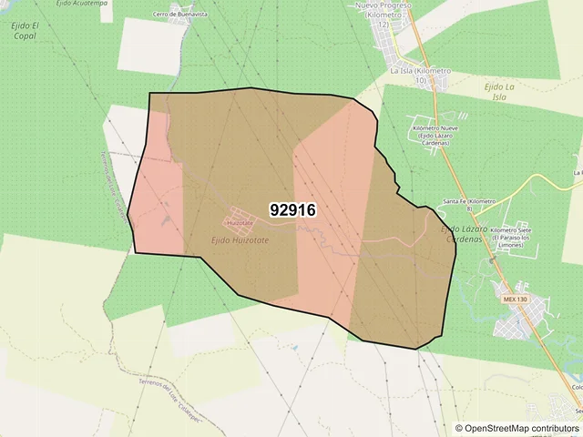 Mapa del código postal 92916, Tihuatlán, Veracruz de Ignacio de la Llave
