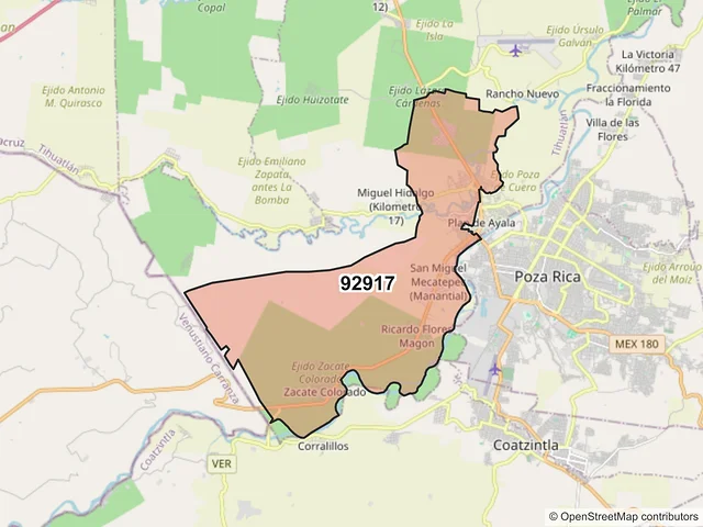 Mapa del código postal 92917, Tihuatlán, Veracruz de Ignacio de la Llave