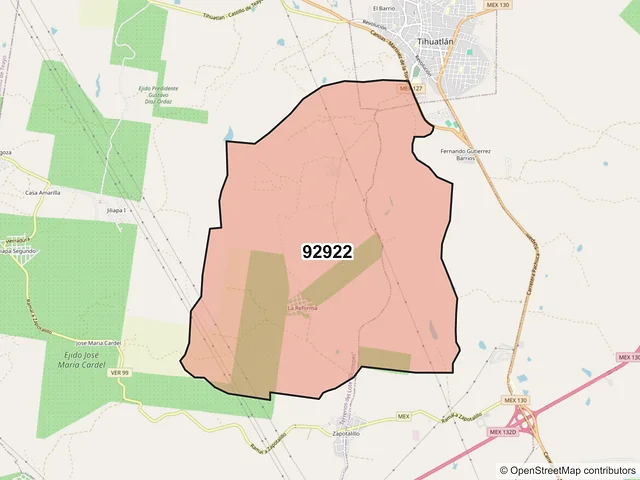 Mapa del código postal 92922, Tihuatlán, Veracruz de Ignacio de la Llave