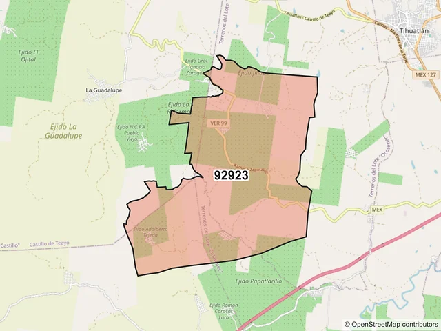 Mapa del código postal 92923, Tihuatlán, Veracruz de Ignacio de la Llave