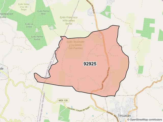 Mapa del código postal 92925, Tihuatlán, Veracruz de Ignacio de la Llave