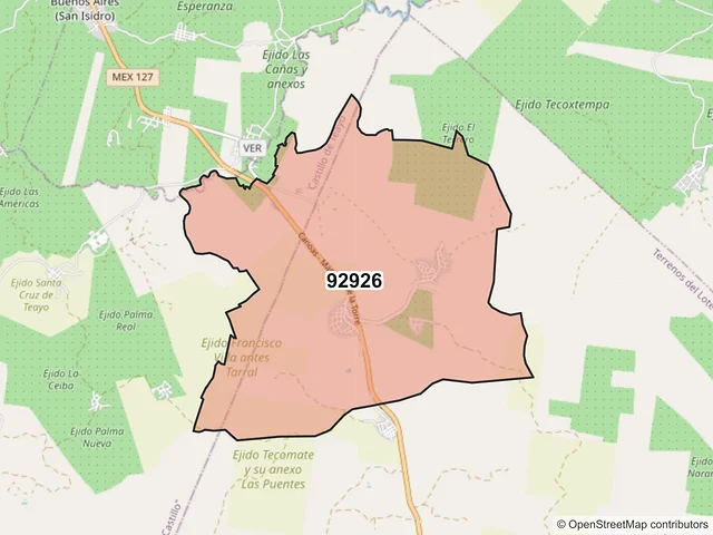 Mapa del código postal 92926, Tihuatlán, Veracruz de Ignacio de la Llave