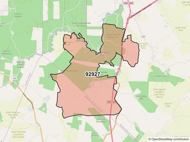 Mapa del código postal 92927, Tihuatlán, Veracruz de Ignacio de la Llave