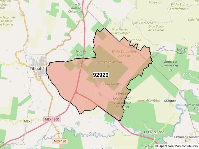 Mapa del código postal 92929, Tihuatlán, Veracruz de Ignacio de la Llave