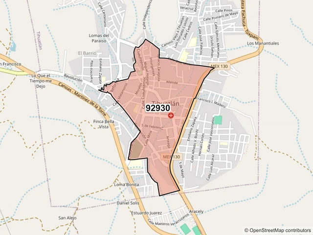 Mapa del código postal 92930, Tihuatlán, Veracruz de Ignacio de la Llave