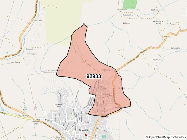 Mapa del código postal 92933, Tihuatlán, Veracruz de Ignacio de la Llave
