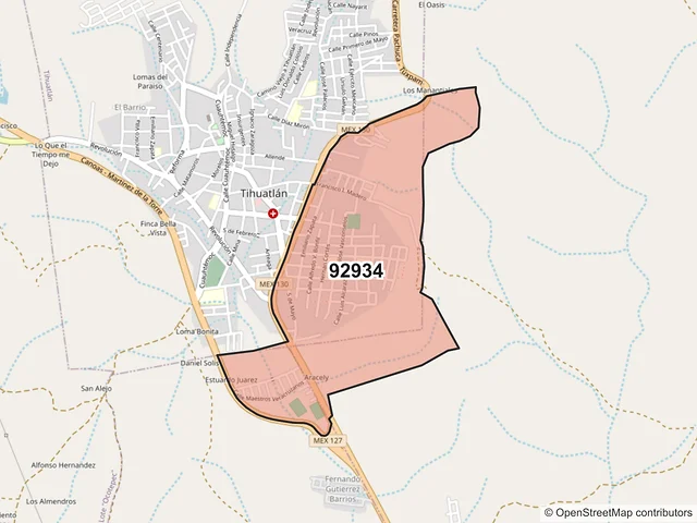 Mapa del código postal 92934, Tihuatlán, Veracruz de Ignacio de la Llave