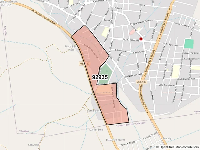 Mapa del código postal 92935, Tihuatlán, Veracruz de Ignacio de la Llave