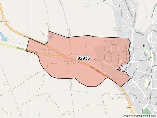 Mapa del código postal 92936, Tihuatlán, Veracruz de Ignacio de la Llave