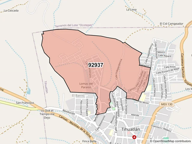 Mapa del código postal 92937, Tihuatlán, Veracruz de Ignacio de la Llave
