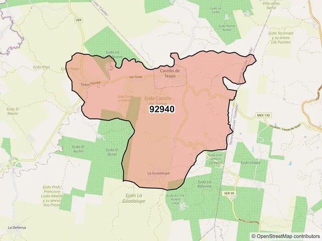 Mapa del código postal 92940, Castillo de Teayo, Veracruz de Ignacio de la Llave