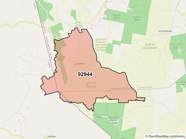 Mapa del código postal 92944, Castillo de Teayo, Veracruz de Ignacio de la Llave