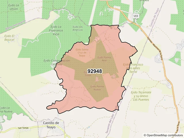 Mapa del código postal 92948, Castillo de Teayo, Veracruz de Ignacio de la Llave