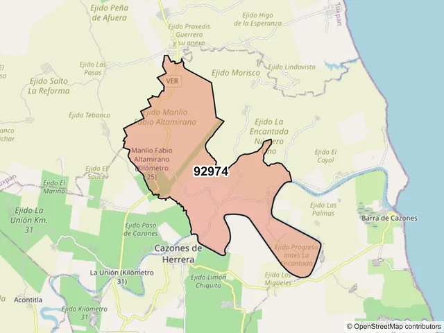 Mapa del código postal 92974, Cazones de Herrera, Veracruz de Ignacio de la Llave