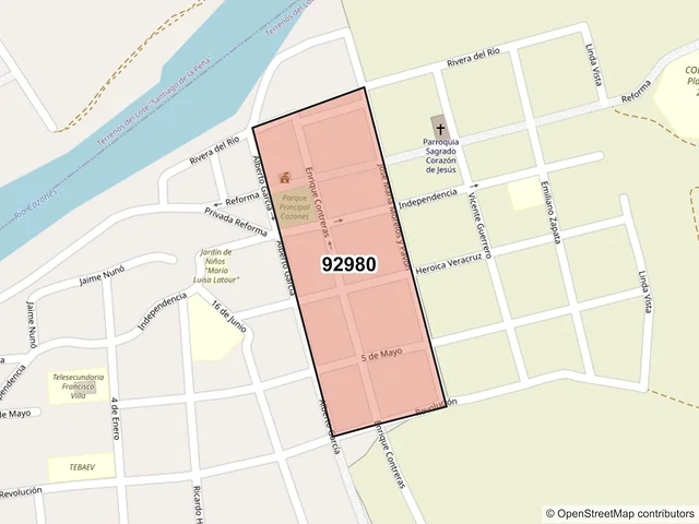 Mapa del código postal 92980, Cazones de Herrera, Veracruz de Ignacio de la Llave