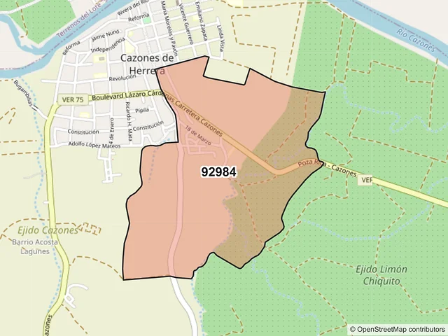 Mapa del código postal 92984, Cazones de Herrera, Veracruz de Ignacio de la Llave