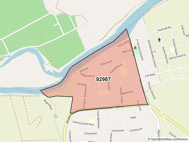 Mapa del código postal 92987, Cazones de Herrera, Veracruz de Ignacio de la Llave