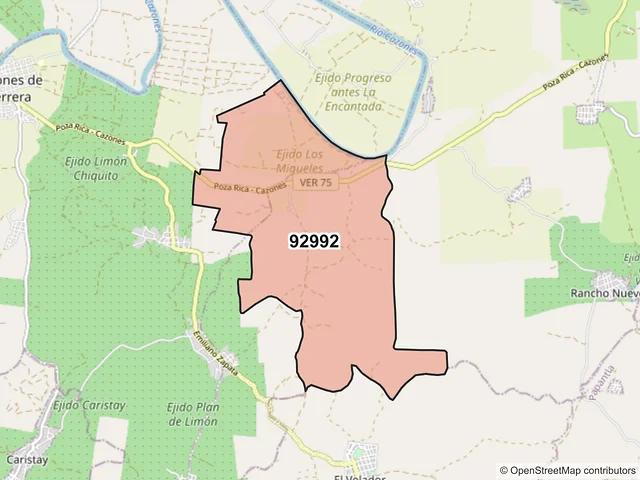 Mapa del código postal 92992, Cazones de Herrera, Veracruz de Ignacio de la Llave