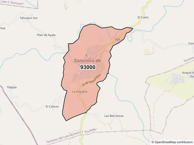 Mapa del código postal 93000, Zozocolco de Hidalgo, Veracruz de Ignacio de la Llave