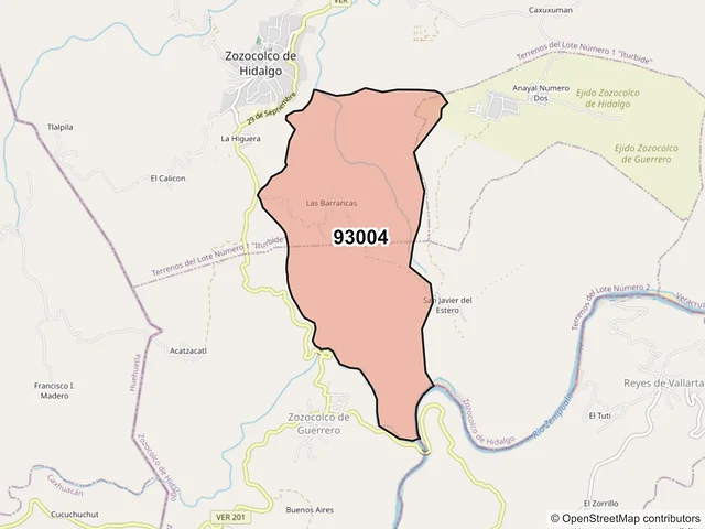 Mapa del código postal 93004, Zozocolco de Hidalgo, Veracruz de Ignacio de la Llave