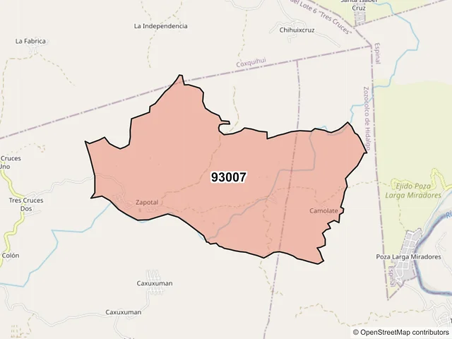 Mapa del código postal 93007, Zozocolco de Hidalgo, Veracruz de Ignacio de la Llave