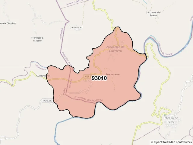 Mapa del código postal 93010, Zozocolco de Hidalgo, Veracruz de Ignacio de la Llave