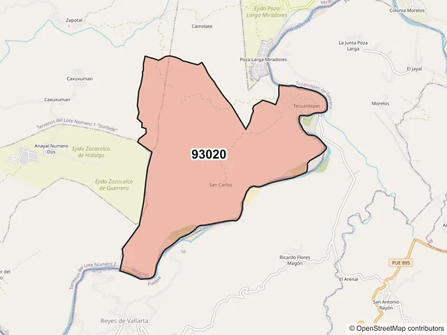 Mapa del código postal 93020, Zozocolco de Hidalgo, Veracruz de Ignacio de la Llave