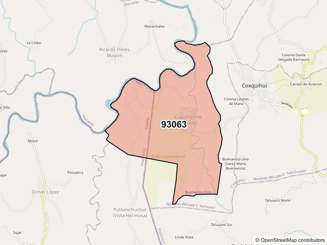 Mapa del código postal 93063, Coxquihui, Veracruz de Ignacio de la Llave