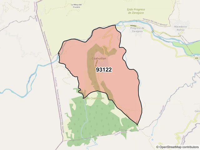 Mapa del código postal 93122, Coahuitlán, Veracruz de Ignacio de la Llave