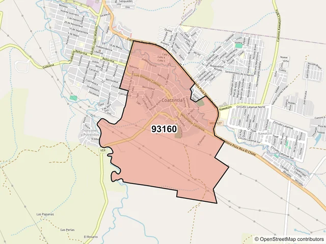 Mapa del código postal 93160, Coatzintla, Veracruz de Ignacio de la Llave