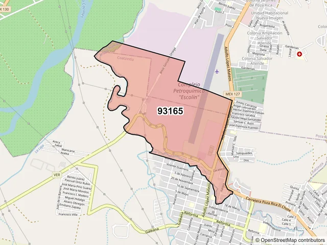 Mapa del código postal 93165, Coatzintla, Veracruz de Ignacio de la Llave